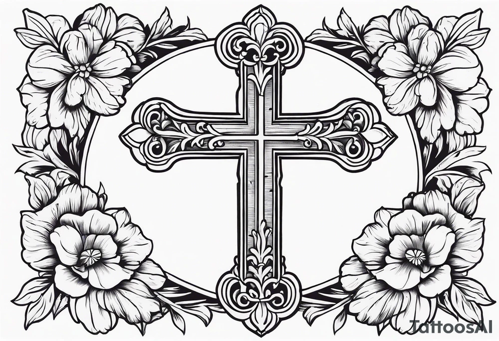 cross surrounded with flowers tattoo idea