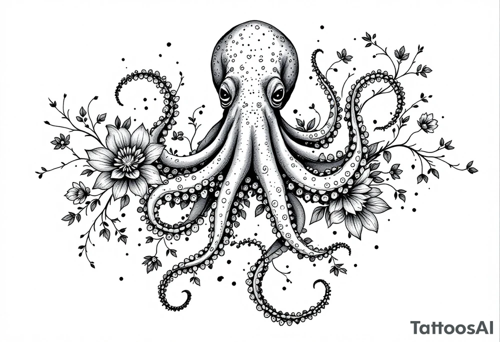 realistic octopus, detailed linework, intricate, black-and-grey shading, surrounded by floral ornaments, intertwining and merging with flowers, thin black swirling lines, semi-transparent brown leaves, dotwork, ornamental flourishes, radiating design, fine-line style, minimalistic, organic flow, feminine, artistic, slightly surreal, seamless composition, marine botanical fusion, lifelike texture, graceful rhythm, smooth shading, soft leaves wrapping, blooming shoulder flower, outward radiating pattern, vine tentacle flow, integrated sea creature, botanical octopus curved body placement, natural organic movement tattoo idea
