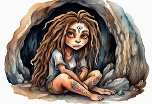 a plump mole woman with large eyes pale fur and messy brown dreadlocks sitting in a cave tattoo idea