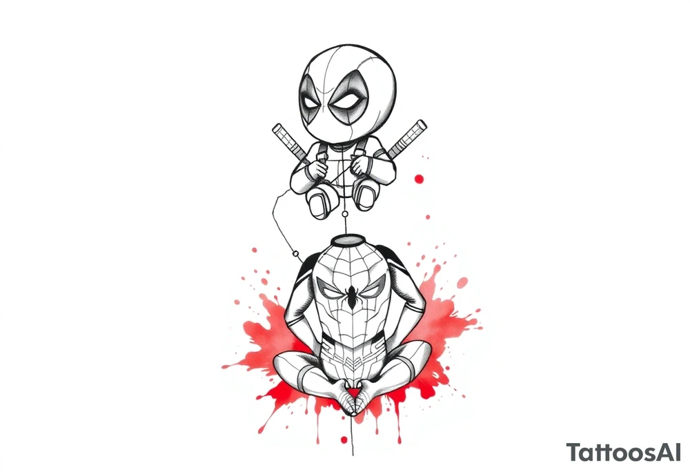 A vertical stacked tattoo design for a half-sleeve on a white background. At the top is a chibi Deadpool character in a bold ink sketch style. At the bottom is a chibi Spider-Man character sitting cross-legged in a loose pencil sketchbook style. High contrast black and grey shading. The two characters are connected by loose, energetic sketch lines and a thin spiderweb thread hanging between them. Dramatic, stylized splashes of bright, vibrant watercolor red ink splatter bursting out around both characters' suits, bleeding into the negative space. Tattoo flash sheet style, crisp linework. tattoo idea