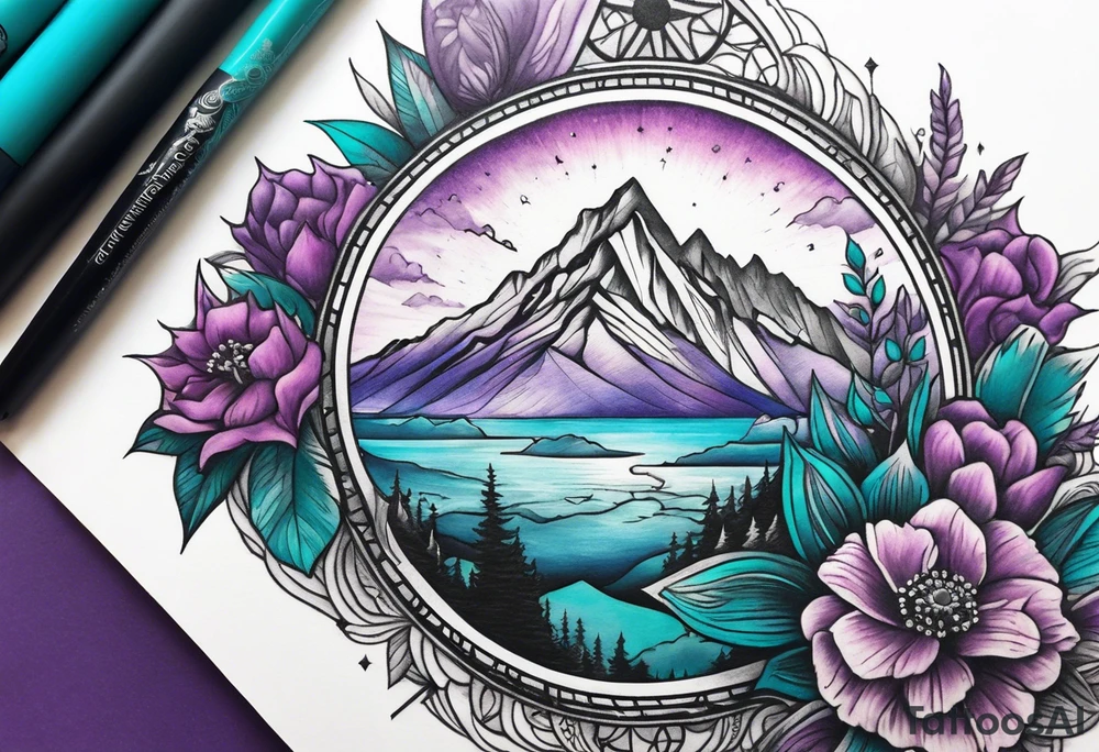 mountain in front of a compass rose 
with purple and teal sky, and purple and teal flowers in the foreground tattoo idea