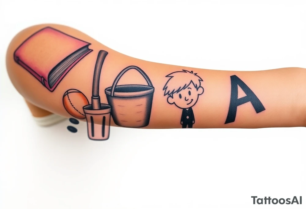 Childhood memories of a book, a bucket and spade, a football, a cricket bat, a cartoon of Dennis the Menace from the Beano comic, and the American Idiot symbol tattoo idea