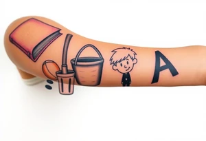 Childhood memories of a book, a bucket and spade, a football, a cricket bat, a cartoon of Dennis the Menace from the Beano comic, and the American Idiot symbol tattoo idea