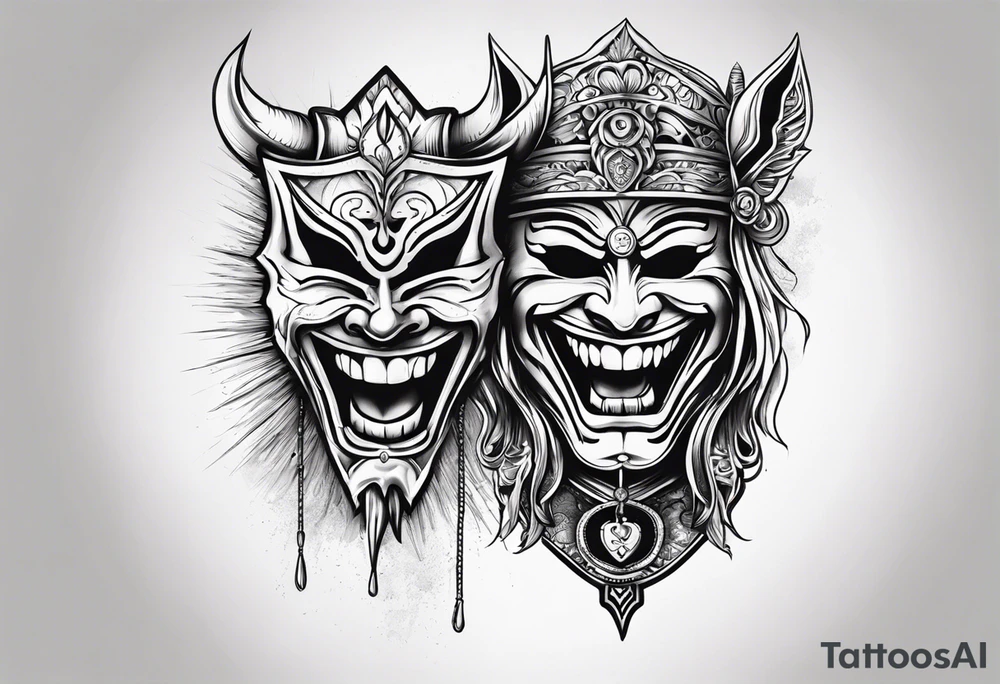 una maschera che piange e una che ride con una scritta smile now cry later tattoo idea