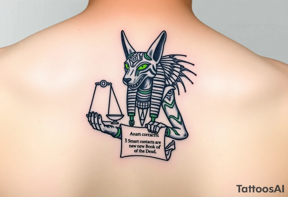 "Anubis as a blockchain arbitrator:  
- Jackal head replaced with NFT pixel-art  
- Scales weigh ETH vs. human souls  
- Scroll in paw: *'Smart contracts are the new Book of the Dead'*  

Style: Glitch hieroglyph. Black/neon green. Forearm." tattoo idea