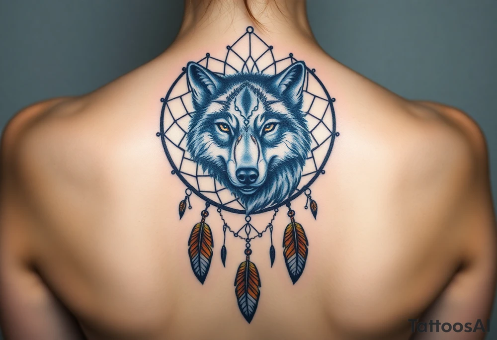A dreamcatcher with a wolf’s face inside, with intricate feather patterns. The wolf’s fur is painted in cool tones of blue and silver, and the feathers are shaded in soft brown and gold tattoo idea