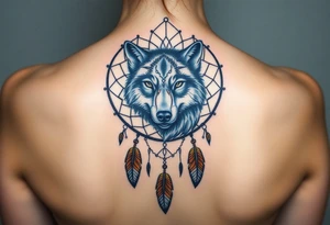 A dreamcatcher with a wolf’s face inside, with intricate feather patterns. The wolf’s fur is painted in cool tones of blue and silver, and the feathers are shaded in soft brown and gold tattoo idea