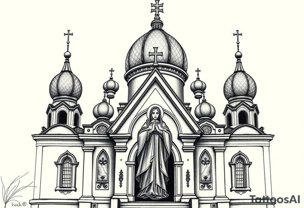Flowing Scene

A onion domes orthodox church
Virgin Mary in prayer pose on the front doors of the russian orthodox church 
A small double headed russian coat of arms eagle or just the star tucked above the dome near the hairline tattoo idea