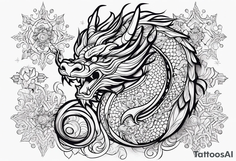 japanese dragon cute , celestial, cross, snowflake tattoo idea