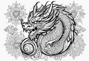 japanese dragon cute , celestial, cross, snowflake tattoo idea