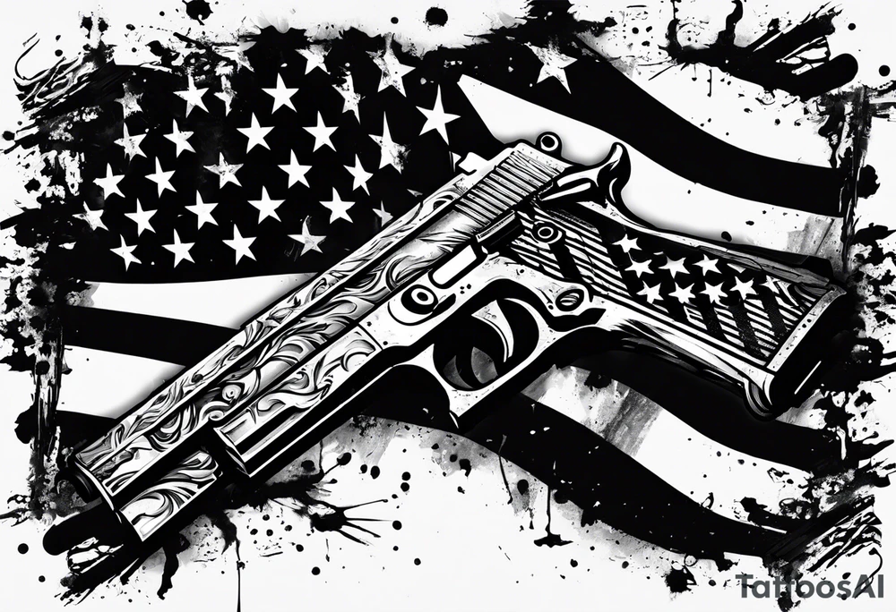 Distressed American flag behind a cross with 2 guns leaned on it simpler tattoo idea