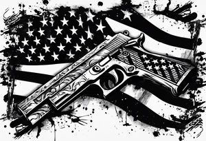 Distressed American flag behind a cross with 2 guns leaned on it simpler tattoo idea