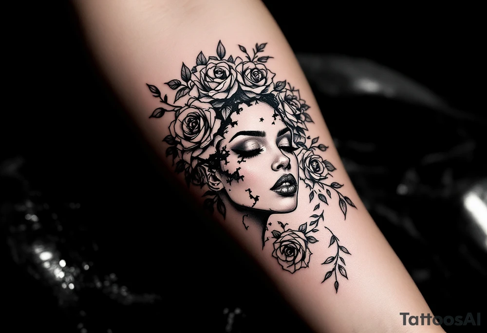 Broken black woman pieced back together surrounded by roses tattoo idea