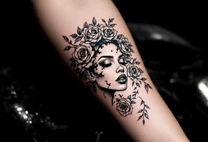 Broken black woman pieced back together surrounded by roses tattoo idea