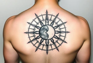 Compass with no declination marks shaped like a sun with a moon at the center of the image tattoo idea