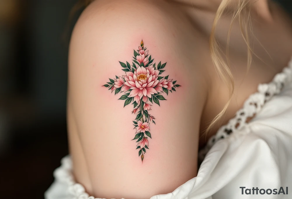 Lada's Symbol — A symmetrical floral cross in soft rose pink and leafy green, resembling a blooming peony, surrounded by a golden halo of light accompanied by a person of Lada the goddess. tattoo idea