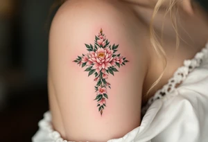 Lada's Symbol — A symmetrical floral cross in soft rose pink and leafy green, resembling a blooming peony, surrounded by a golden halo of light accompanied by a person of Lada the goddess. tattoo idea