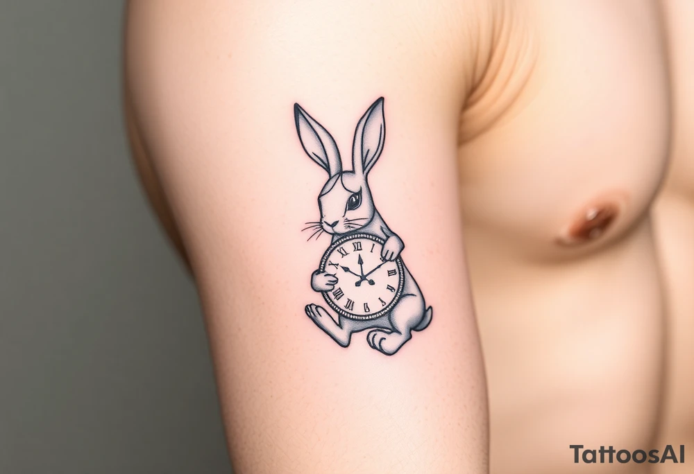 Geometrical rabbit holding a clock tattoo idea
