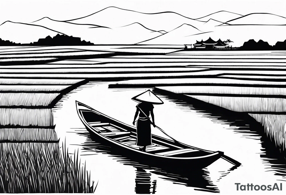 vietnamese lady on boat rice fields water tattoo idea