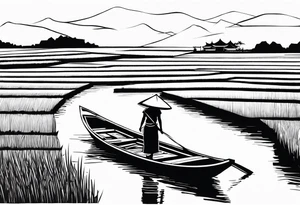 vietnamese lady on boat rice fields water tattoo idea