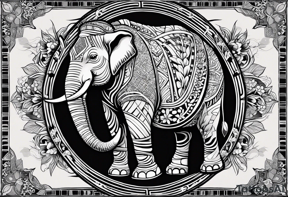 A foot long 2.5inches wide portrait orientation tattoo, containing a detailed hippo head with tribal patterns in the middle, a full moon on the upper side, and some wintersweet flowwer on the bottom side, these three components are connected with arches, lines, little geometric patterns, the lines will ne fine and narrow tattoo idea