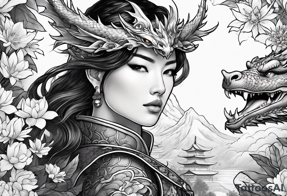 beautiful warrior woman wearing dragon armor and a floral background and a dragon a full picture tattoo idea