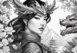 beautiful warrior woman wearing dragon armor and a floral background and a dragon a full picture tattoo idea