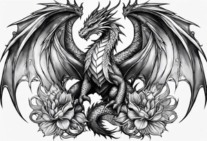 Mother dragon wings spread protecting 3 baby dragons tattoo idea