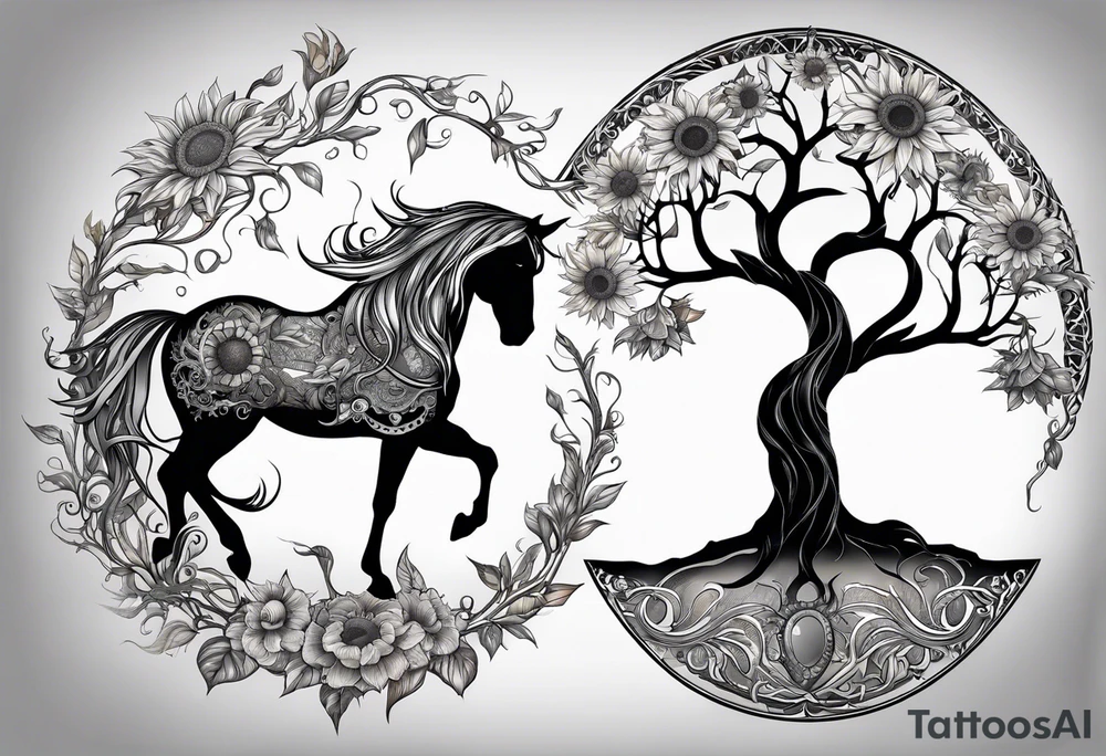 Yggdrasil tree, horse, sunflower tattoo idea