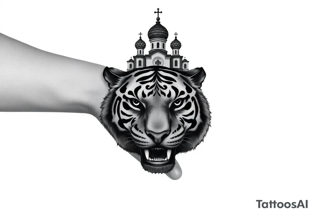 Realistic tiger face on the back of the hand with its eyes ALL black and no pupils, sitting beneath a Russian Orthodox cathedral sitting above on the top fore arm with onion domes and orthodox crosses. with clouds above and a virgin mary tattoo idea