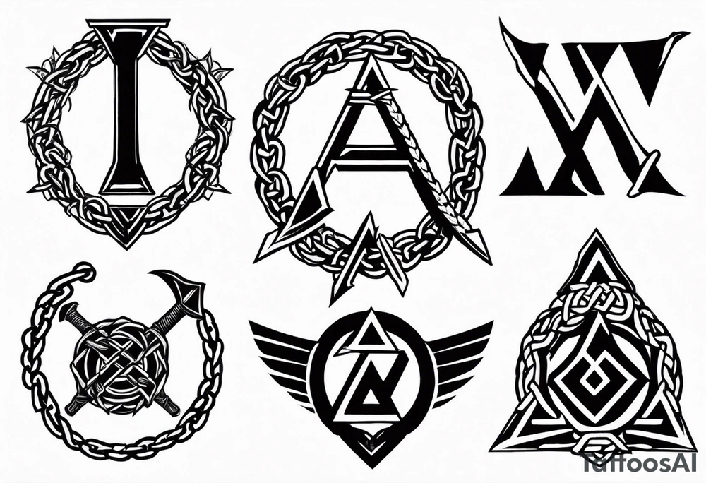 Valhalla sword shield axe barbed wire chains valknut tattoo idea