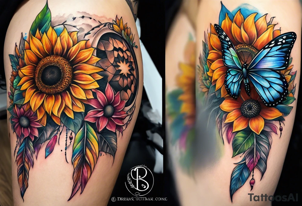 Quarter Leg sleeve with dreamcatcher, rainbow sunflowers and one butterfly tattoo idea