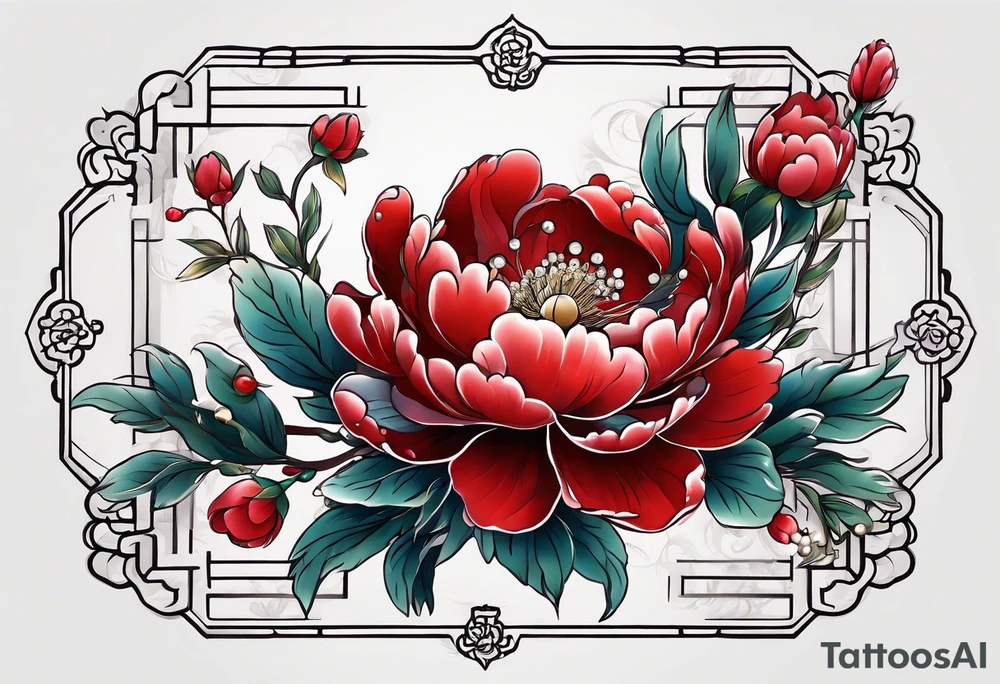Red peony with dangling pearls with rabbit on top tattoo idea
