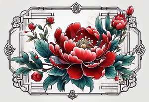 Red peony with dangling pearls with rabbit on top tattoo idea