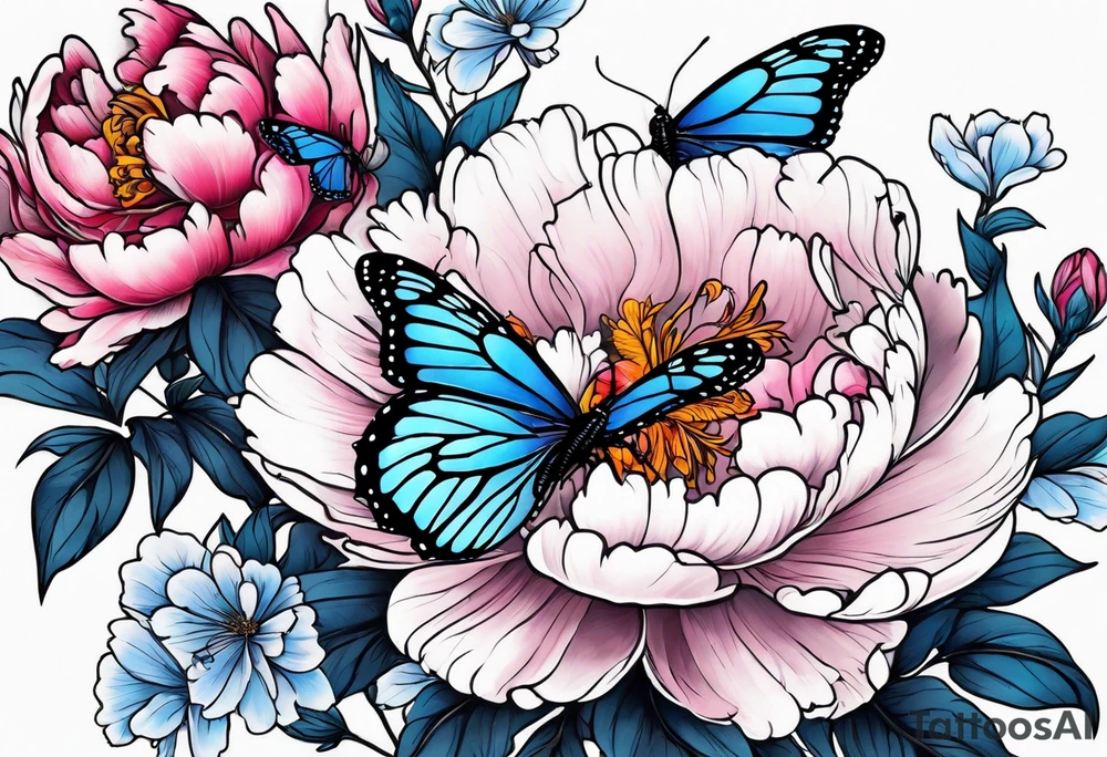 Peony with blue monarch butterflies tattoo idea