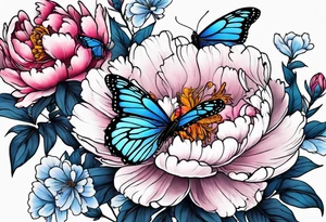 Peony with blue monarch butterflies tattoo idea