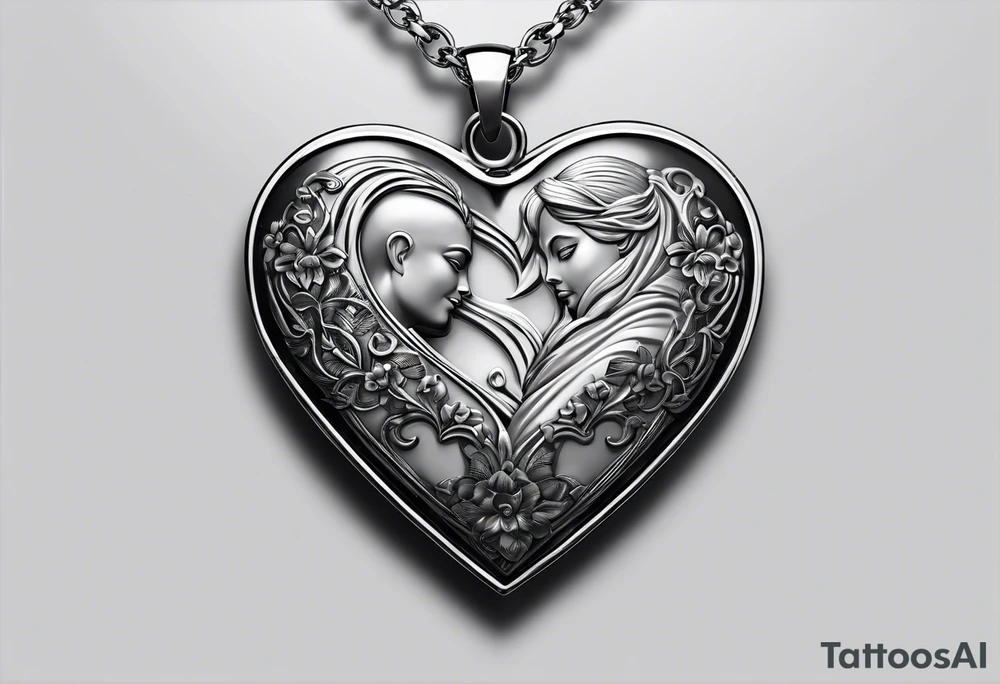 necklace heart locket with a male and female shadow hugging tattoo idea
