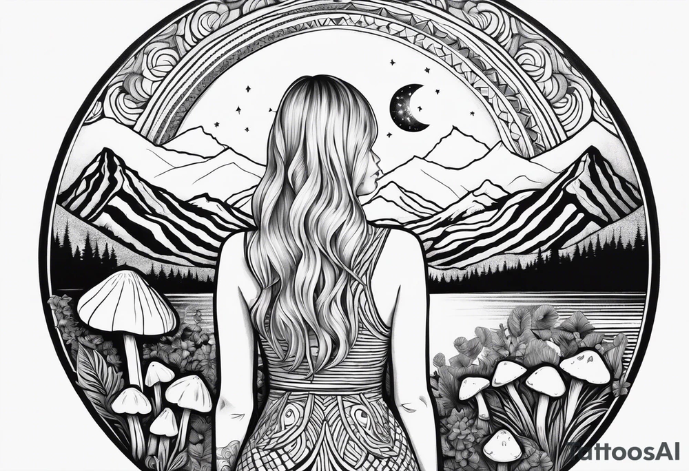 Straight blonde hair girl facing away toward mountains surrounded by mushrooms crescent moon mandala circular design black and white striped dress "8" in hair tattoo idea