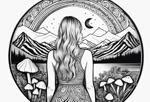 Straight blonde hair girl facing away toward mountains surrounded by mushrooms crescent moon mandala circular design black and white striped dress "8" in hair tattoo idea