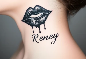 Seductive Stain from lipstick kiss with name Reney lowercase with drool black and white tattoo idea
