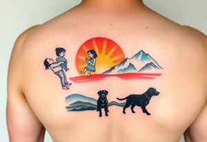 Family 2 parents, 1 baby boy in his mother’s arms, one 3-year girl holding the hand of the father and the mother and one black dog walking through the the sunset and mountains tattoo idea