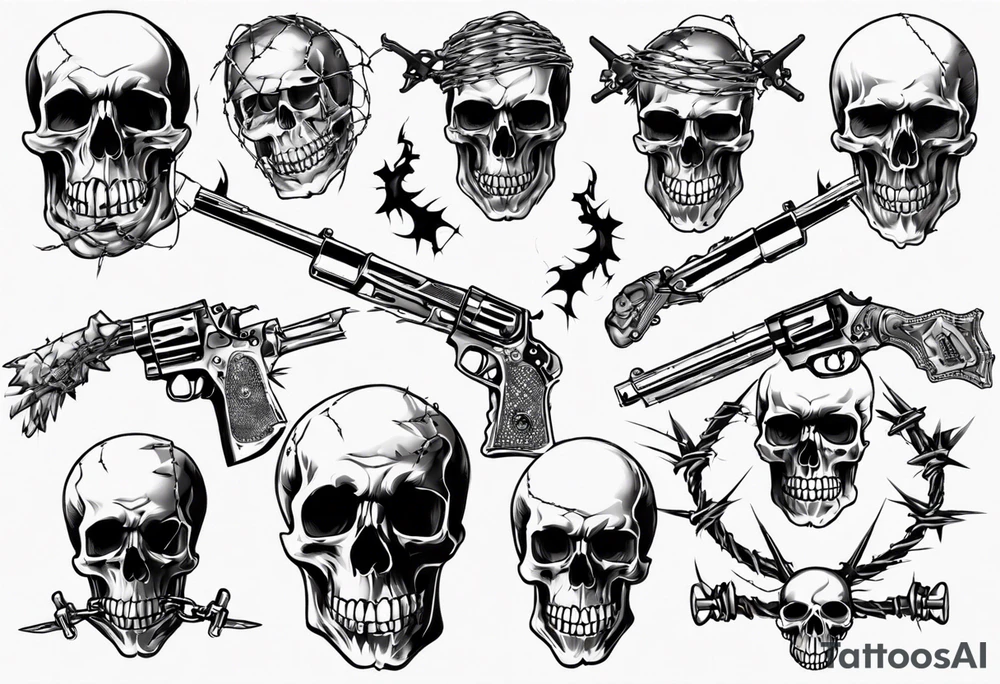 Skulls, barbed wire, guns tattoo idea