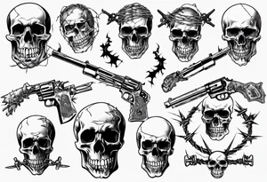 Skulls, barbed wire, guns tattoo idea