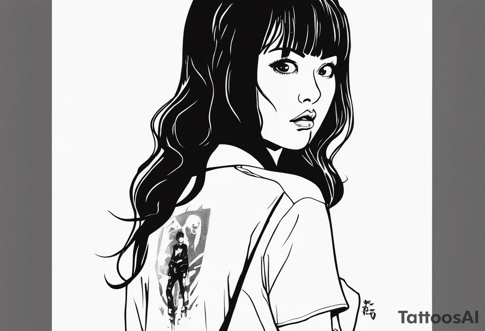 portrait of tomie standing up a character by the horror manga author junji ito full body standing murderously. add more horror and gore elements tattoo idea