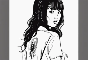 portrait of tomie standing up a character by the horror manga author junji ito full body standing murderously. add more horror and gore elements tattoo idea