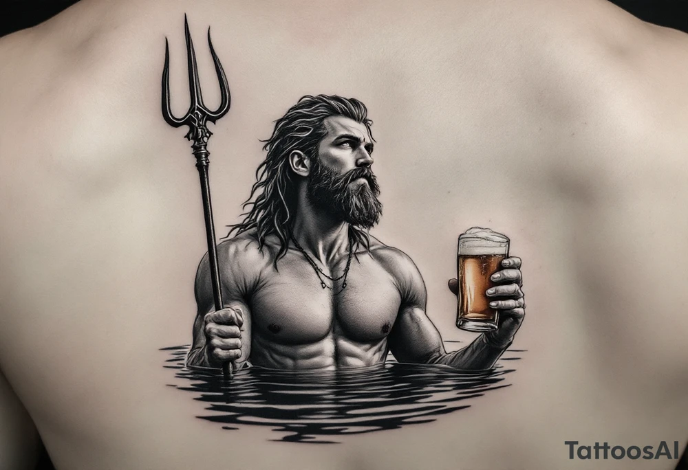 young, fit poseidon in calm water, holding a trident, holding a beer, looking at the sky tattoo idea
