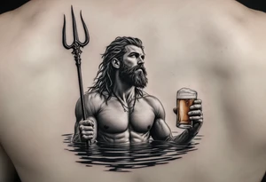 young, fit poseidon in calm water, holding a trident, holding a beer, looking at the sky tattoo idea