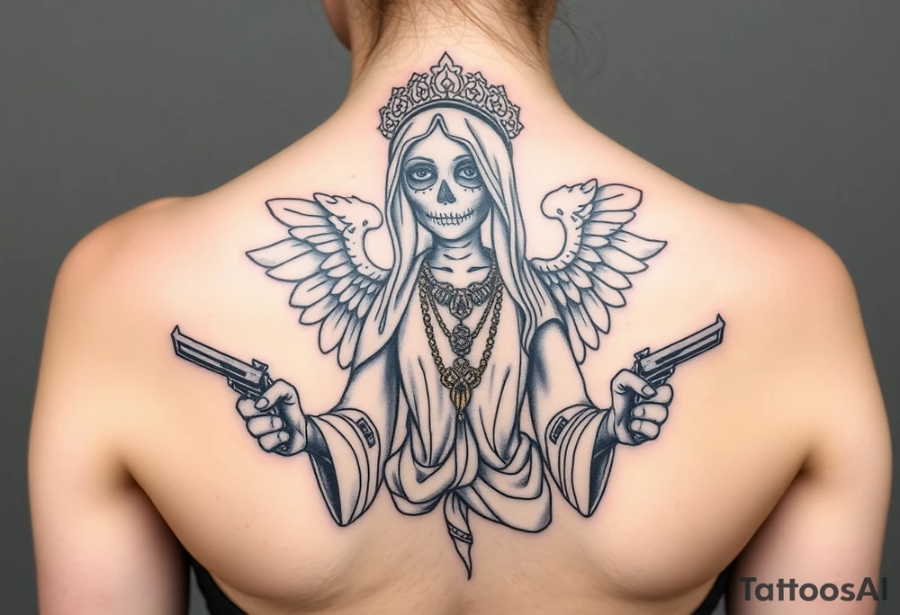 old angel statue (Santa Muerte style) criminal style tattooed and at the same time contemporary, weapons in hand, gangster-style gold necklaces tattoo idea