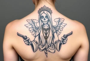 old angel statue (Santa Muerte style) criminal style tattooed and at the same time contemporary, weapons in hand, gangster-style gold necklaces tattoo idea