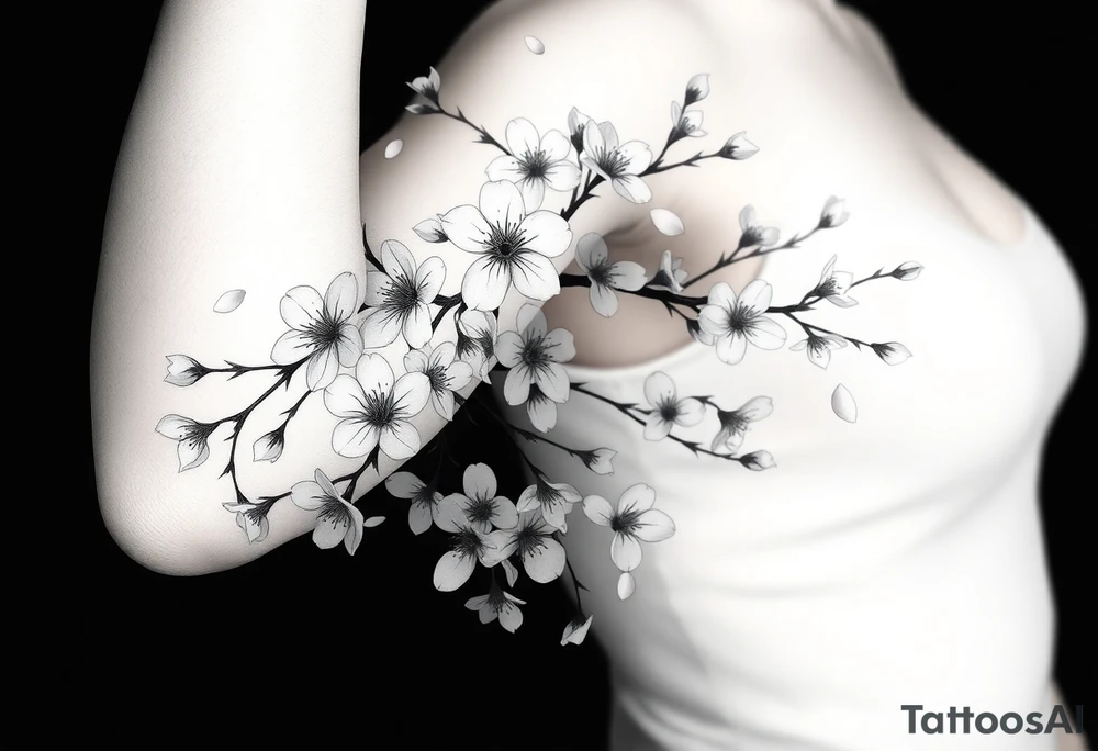 delicate cherry blossoms swirling in spring breeze with petals tattoo idea